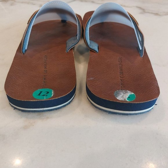 Tommy Hilfiger Drake-T‎ Men\'s Flip Flops Flat Sandals Cognac Faux Leather Sz 12
